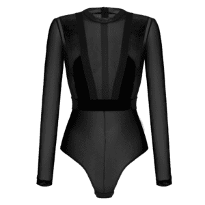 Packshot of a transparent and black bodysuit.