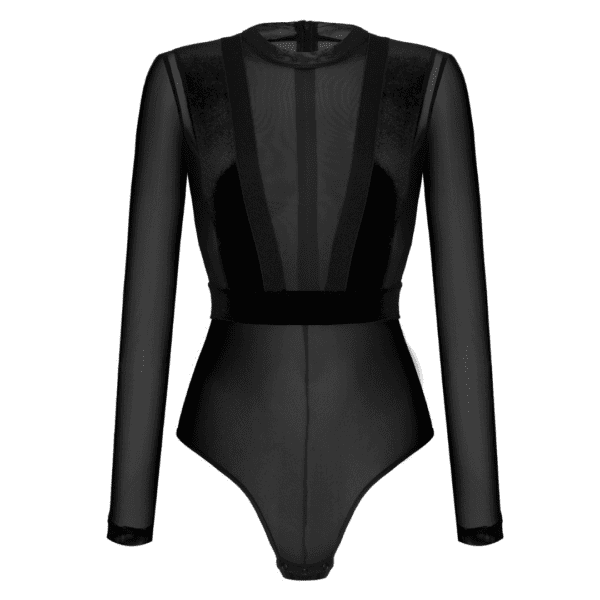 Packshot de un body transparente y negro.