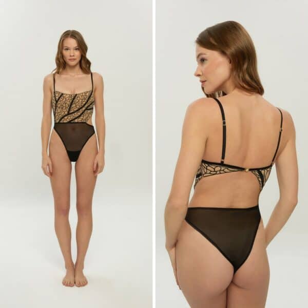 Julia bodysuit model, front and back, from Valnue's Odyssey collection.