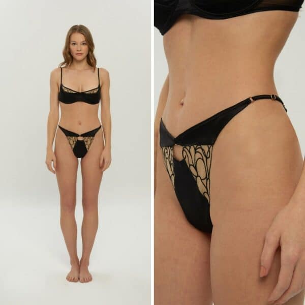 Model of the Maia balconnet bra + Pera g-string set from Valnue's Odyssey collection.