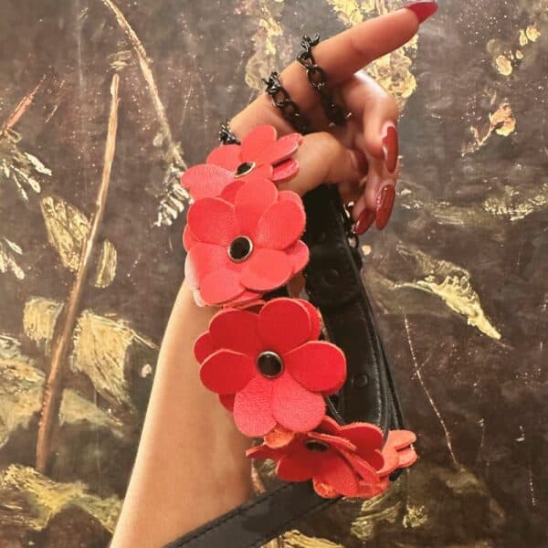 Photo of a Black Leather Collar with Red Leather Flowers and Leash with Black Leather Chain