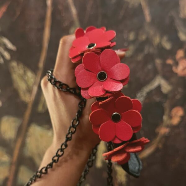 Photo of a Black Leather Collar with Red Leather Flowers and Leash with Black Leather Chain