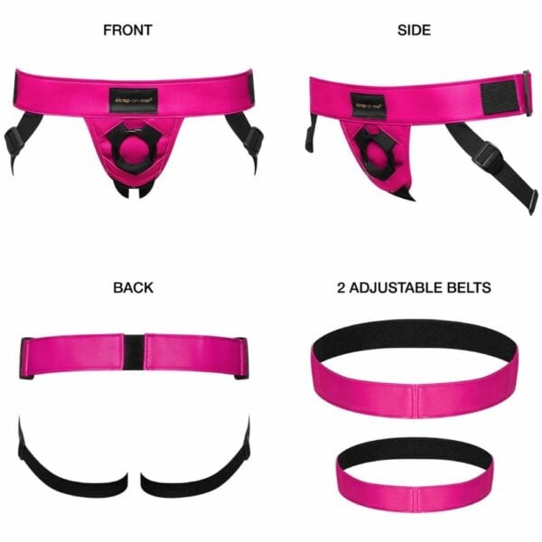 Curious fuchsia faux-leather harness, adjustable for sizes XS-M and L-XXL, with extendable silicone ring for inserting a dildo. Voluptuous design, adjustable straps and optimal support.