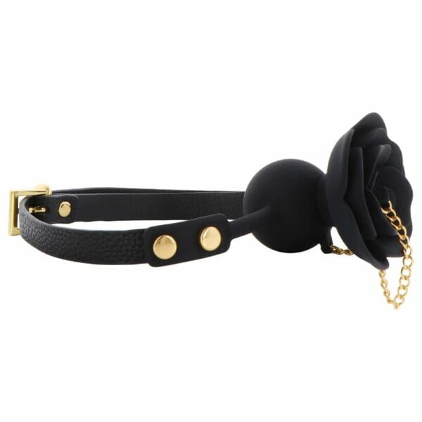 Baîllon Cuir Noir GAG En forme de Rose en Silicone et Chaîne Dorée