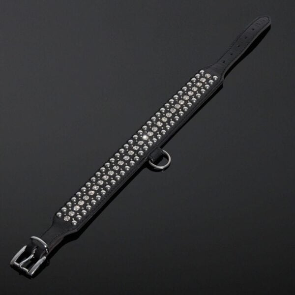 Packshot Collier Bondage en Cuir Nubuck Noir et Cristaux et Petit Anneau en Métal
