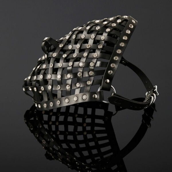Packshot Bondage Mask in Black Cowhide and Crystals