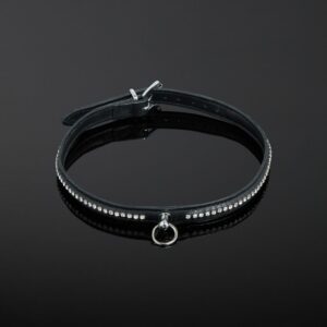 Collar Bondage Foto Packshot Cuero Nubuck Negro con Cristales Rhinestone y Anillo