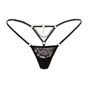 Packshot Tanga negro de encaje y terciopelo con detalle de cadena y colgantes plateados