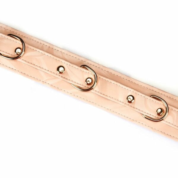 Pink Boudoir Amor bondage necklace in pink and black vegan imitation leather. Gold-plated finish, three D-rings for fastening. With gold chain leash, elegant and adjustable for refined domination.