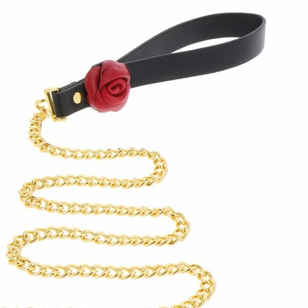 Collar y correa de cuero negro Fabricado en flexible imitación de cuero negro y adornado con una rosa roja en cuero auténtico Detalle de la correa en flexible imitación de cuero negro con un detalle de rosa roja y una cadena de metal dorado sin níquel