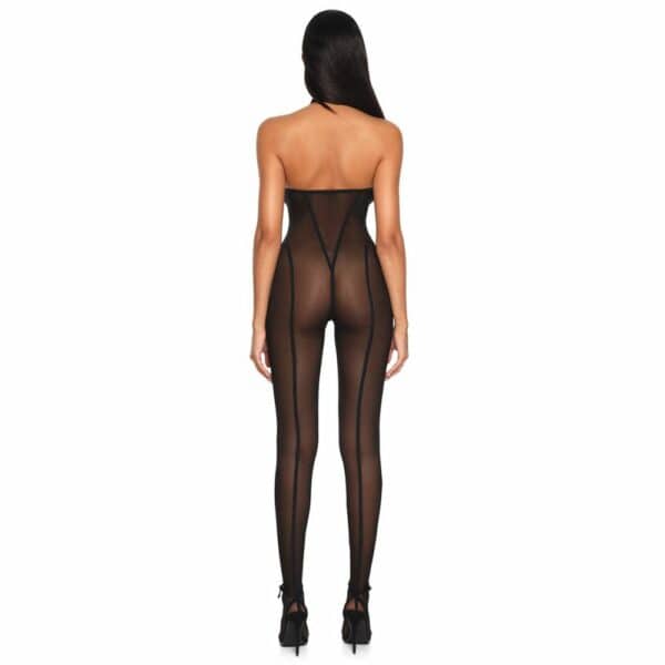 Femme De Dos Portant un Catsuit Noir Transparent En Maille Durable et Ultra-Extensible