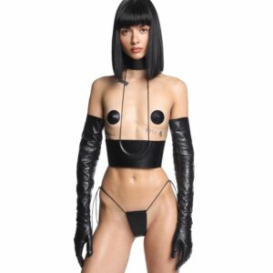 Woman Wearing Black Leather String And Belt Corset Black Leather