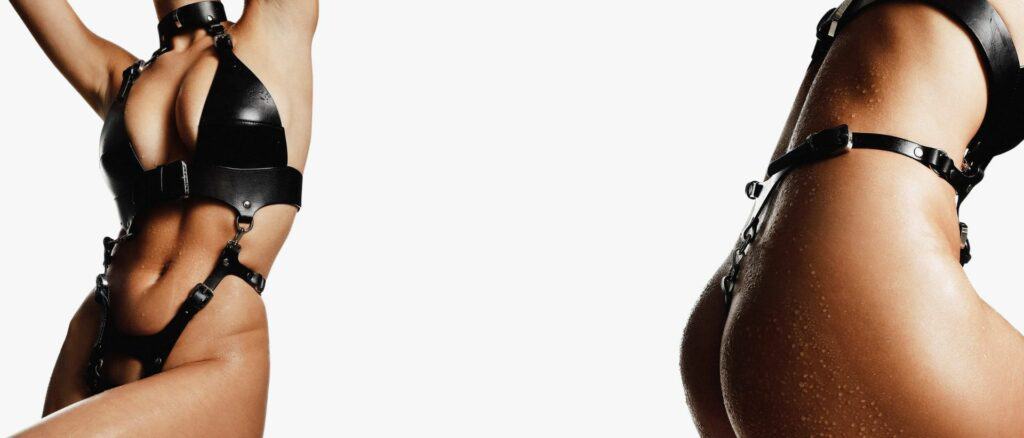 Modulares Leder-Bondagegeschirr Schwarz mit Metallring