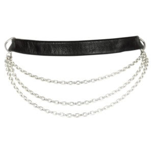 Black leather choker with silver adjustable chain, sold by Brigade Mondaine.