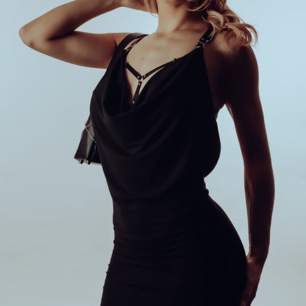 Wandelbares Kleid aus Bambus mit abnehmbarem Harnisch-BH, kombiniert mit einer Handtasche aus Korsettleder mit Details aus Sterlingsilber und einem Innenleben aus violettem Wildleder. Kühnheit, Eleganz und Modularität.