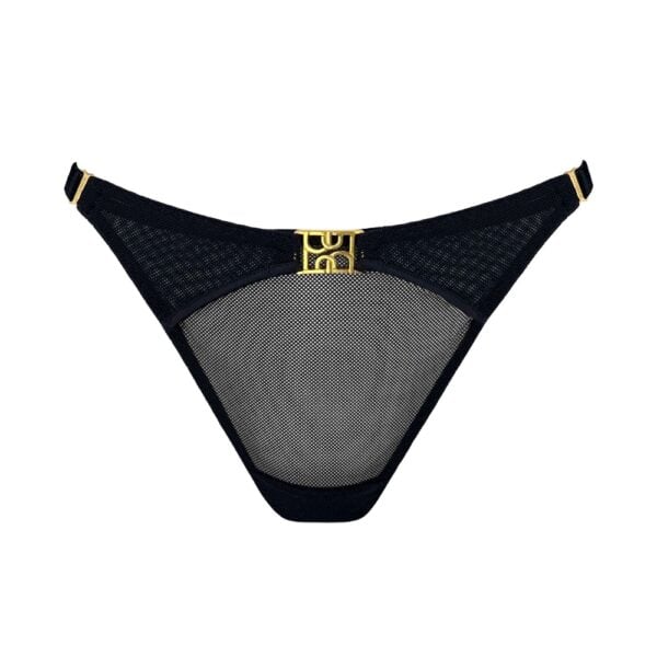 Tanga de rejilla negra con detalle dorado
