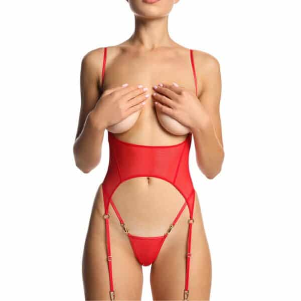 Woman wearing a Red Lingerie set in high-durability technical Mesh with Gold Details