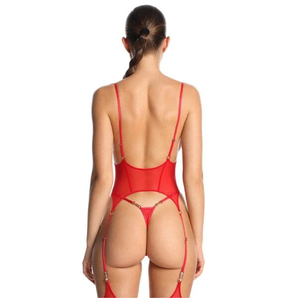 Woman wearing a Red Lingerie set in high-durability technical Mesh with Gold Details