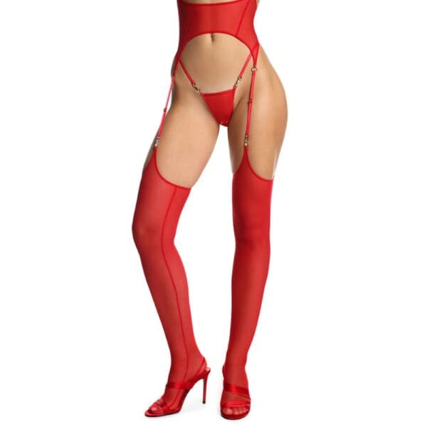 Porte-jarretelles et Bas Rouge en Résille Mesh technique haute durabilité et String en Résille Rouge avec Détails piercing
