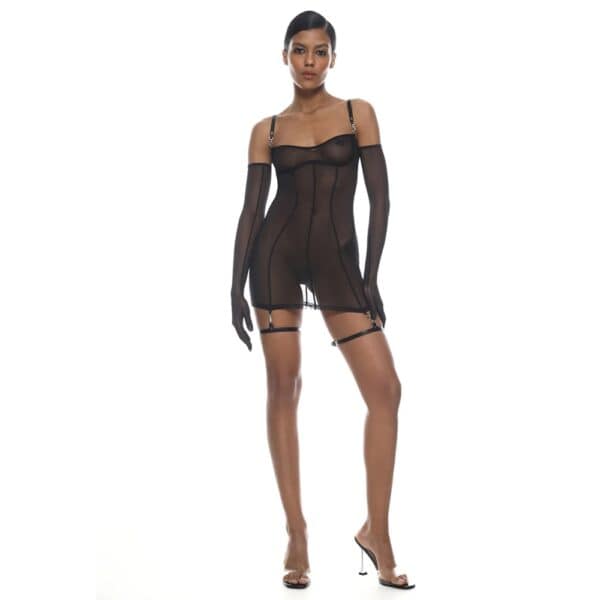 Robe en résille noir ultra-extensible et détails bretelles et jarretières en cuir naturel Noir détails Argentés