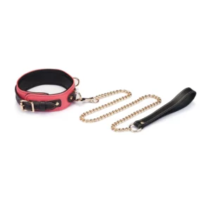 Collar y correa ajustable de cuero vacuno italiano de primera calidad en rojo y negro Acabado en metal dorado Cierre de hebilla Correa desmontable con cadena dorada y asa de cuero