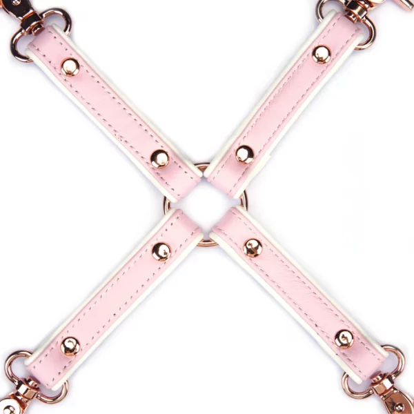 Pink and white leather hogtie from the Fairy collection, in lambskin with rose gold metal clips. BDSM accessory for total immobilization, combining softness and submission in an elegant pastel design.