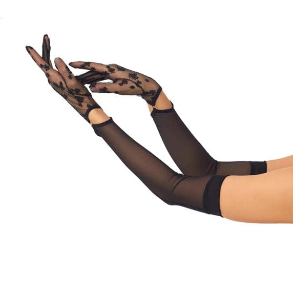 Gants longs en résille stretch noire avec Dentelle élastique européen et finitions métal plaqué or