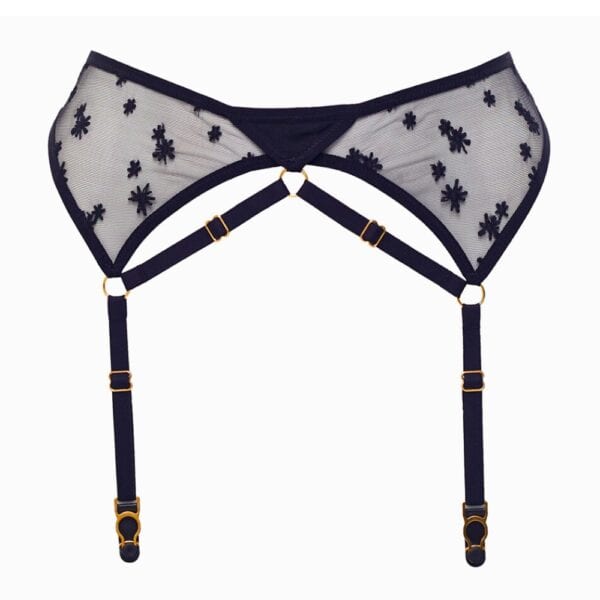 Packshot du porte-jarretelles en résille noire orné de broderies étoilées avec de la tulle Française et de détails dorés plaqués or 24k sangles ajustables en tulle élastiques satinés