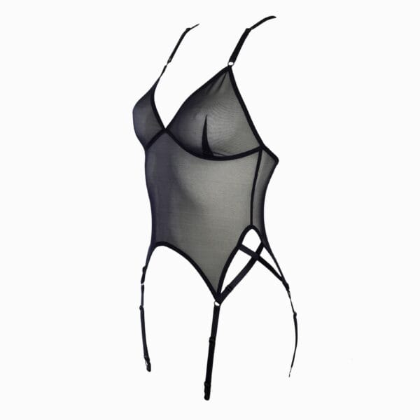 Packshot Guêpière Noire en maille stretch douce et brillante avec décolleté profond et dos nu avec élastiques satinés ajustables