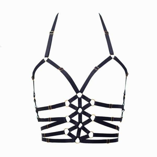 Packshot Bondage Harness Black Made from signature elastic and 24k gold-plated accessories