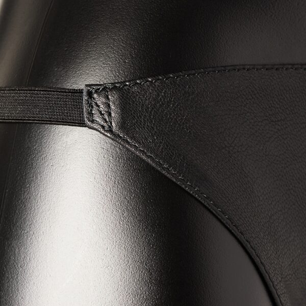 House of SXN black leather panties, sleek, minimalist design with leather triangle set low on the hips. A luxury accessory for a provocative, comfortable look.