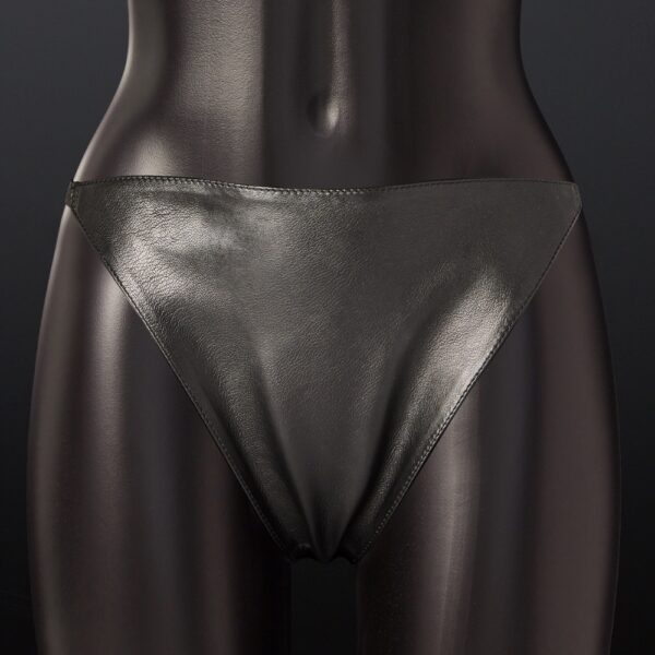 House of SXN black leather panties, sleek, minimalist design with leather triangle set low on the hips. A luxury accessory for a provocative, comfortable look.