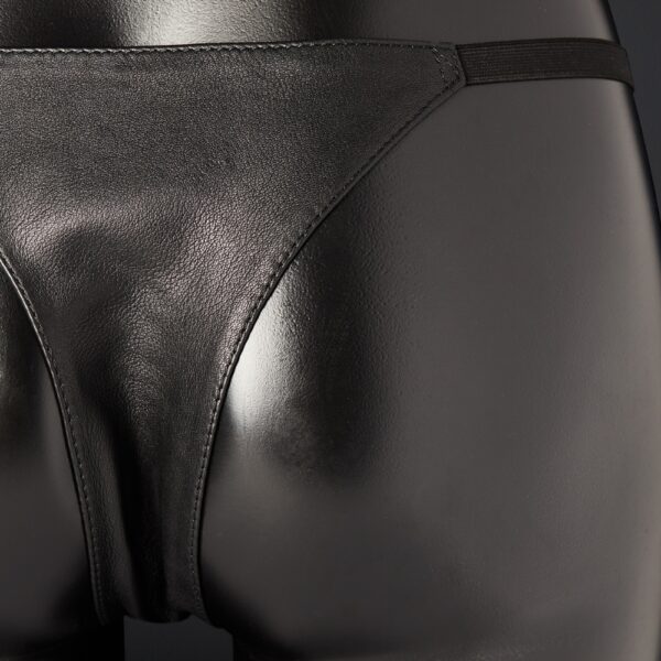 House of SXN black leather panties, sleek, minimalist design with leather triangle set low on the hips. A luxury accessory for a provocative, comfortable look.