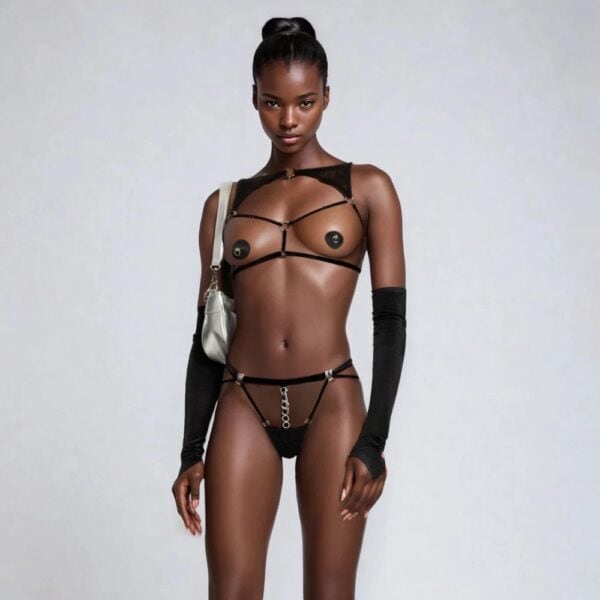 Gender-neutral lingerie set featuring Opal open bra and Jude open panties, with soft velvet, recycled lace and silver clasps.