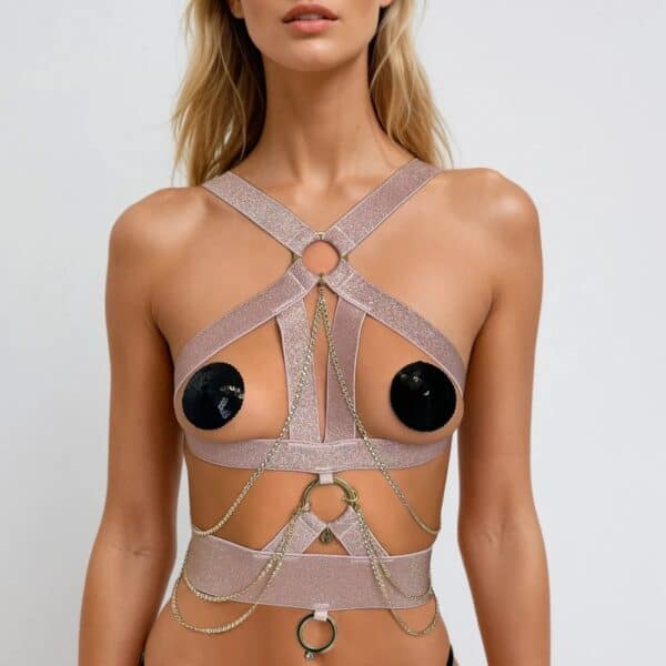 MAISON LIBERTINE - REGINA Geschirr Schmuck Rosa Rosafarbenes Regina-Juwelengeschirr für Frauen mit goldbeschichteten Ketten. Elegant und verstellbar, um jedes Outfit zu unterstreichen.