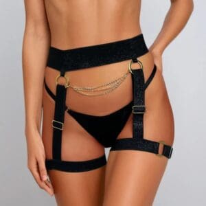 Black suspender belt with gold-plated chains, jewel lingerie by Maison Libertine.