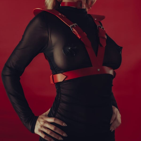 Walpier Buttero Leather Chest Harness Veg Tan Rouge Wet Nickel-plated hardware shoulder strap, fully adjustable front closure at straps and waist and a 3 mm thick Italian vegetable-tanned saddlery leather choker red thin straps and central element in the shape of a rectangle emerald cut.