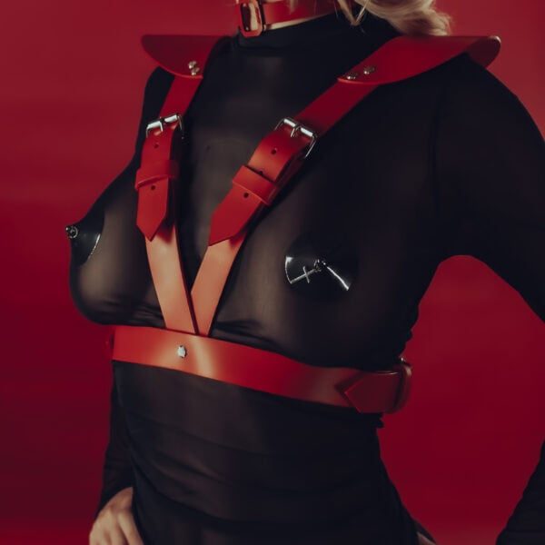 Walpier Buttero Leather Chest Harness Veg Tan Rouge Wet Nickel-plated hardware shoulder strap, fully adjustable front closure at straps and waist and a 3 mm thick Italian vegetable-tanned saddlery leather choker red thin straps and central element in the shape of a rectangle emerald cut.