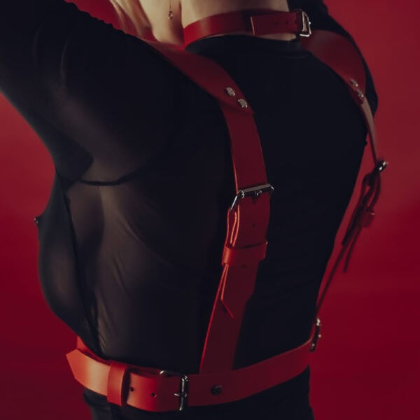 Walpier Buttero Leather Chest Harness Veg Tan Rouge Wet Nickel-plated hardware shoulder strap, fully adjustable front closure at straps and waist and a 3 mm thick Italian vegetable-tanned saddlery leather choker red thin straps and central element in the shape of a rectangle emerald cut.