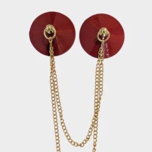 Rote Kunstleder-Tonabdeckungen mit goldener Kette von Yokko Chérie. Handgefertigt in Frankreich, Kabarett und Glamour pur. Geliefert mit Samtbeutel und hypoallergenen Klebestreifen.