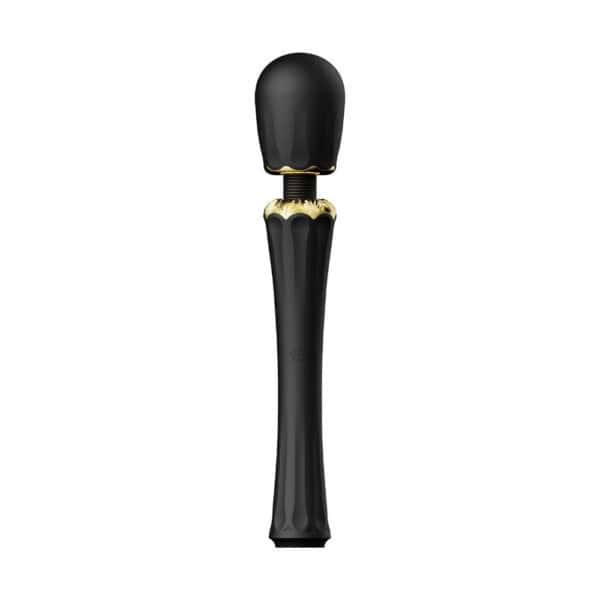 Packshot Wand Vibrator Schwarz aus Silikon und palstischem ABS Spritzwassergeschützt 5 Vibrationsmodi mit zwei Silikonaufsätzen inklusive