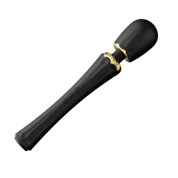 Packshot Wand Vibrator Schwarz aus Silikon und palstischem ABS Spritzwassergeschützt 5 Vibrationsmodi mit zwei Silikonaufsätzen inklusive