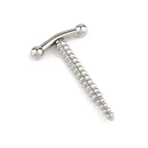 Packshot urethral plug has short length and narrow diameter in polished stainless steel closed design smooth surface for smooth insertion and integrated safety handle