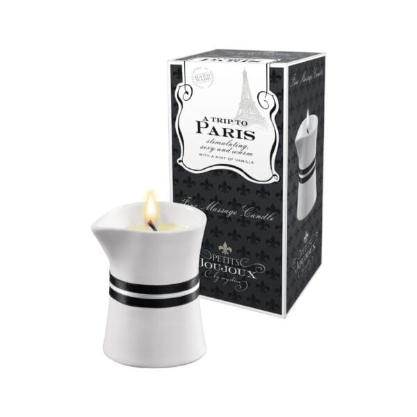 Bougie de massage Paris parfum vanille-santal, cire naturelle fondant en huile nourrissante au karité et jojoba, pour des moments sensuels et raffinés à deux.
