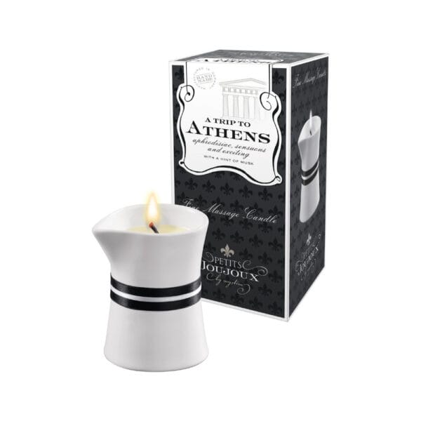 Bougie de massage parfumée patchouli-musc, fondant en huile hydratante naturelle au jojoba et karité, pour des instants sensoriels inspirés de l’antiquité grecque.