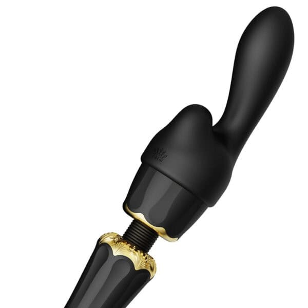 Packshot Wand Vibrator Schwarz aus Silikon und palstischem ABS Spritzwassergeschützt 5 Vibrationsmodi mit zwei Silikonaufsätzen inklusive