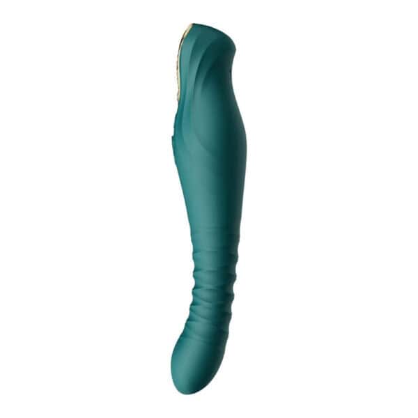 Green Packshot Vibrator in Silicone and ABS plastic combines 8 pulsating modes and 4 vibrating modes in an imposing, refined design that resists splashes.