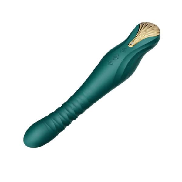 Green Packshot Vibrator in Silicone and ABS plastic combines 8 pulsating modes and 4 vibrating modes in an imposing, refined design that resists splashes.