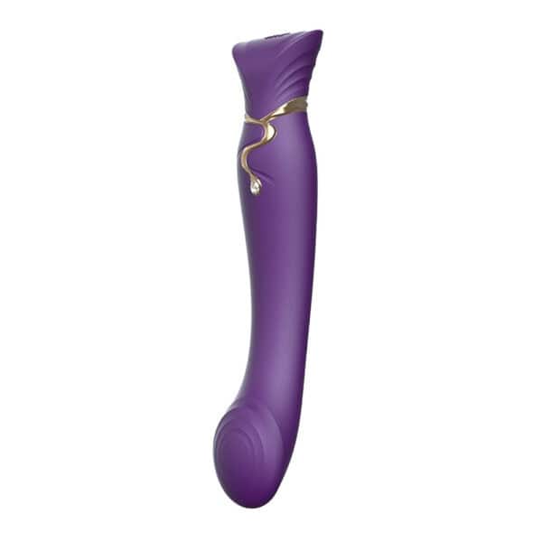 Queen PulseWave vibrator by ZALO, designed to stimulate the G-spot with high-tech precision. It combines eight vibrating modes and eight pulsating waves for a luxurious sensory experience. Its elegant silhouette is decorated with gold elements and Swarovski embellishment. The heated function adds an extra dimension of pleasure. Awarded for its refined design and innovative features, it offers the ultimate intimate experience.