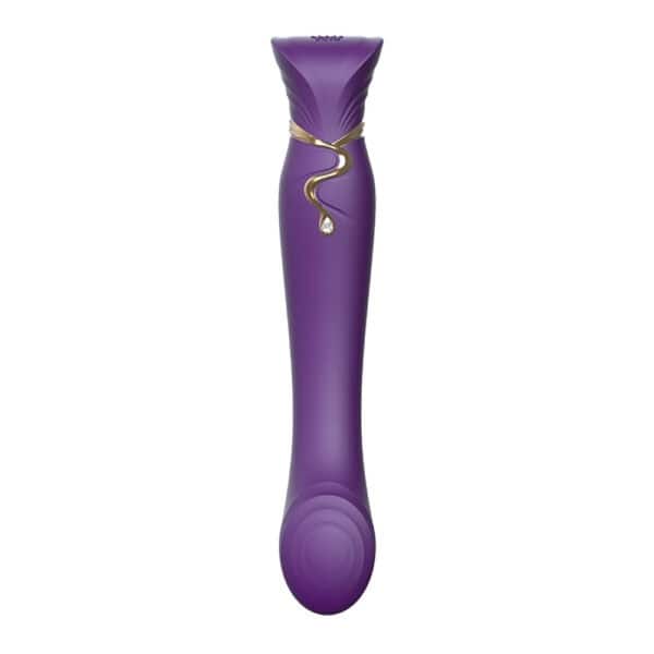 Vibromasseur Queen PulseWave de ZALO, conçu pour stimuler le point G avec une précision de haute technologie. Il combine huit modes vibrants et huit ondes pulsées pour une expérience sensorielle de luxe. Sa silhouette élégante est décorée d'éléments dorés et d'un ornement Swarovski. La fonction chauffante ajoute une dimension supplémentaire au plaisir. Récompensé pour son design raffiné et ses fonctionnalités innovantes, il offre une expérience intime ultime.